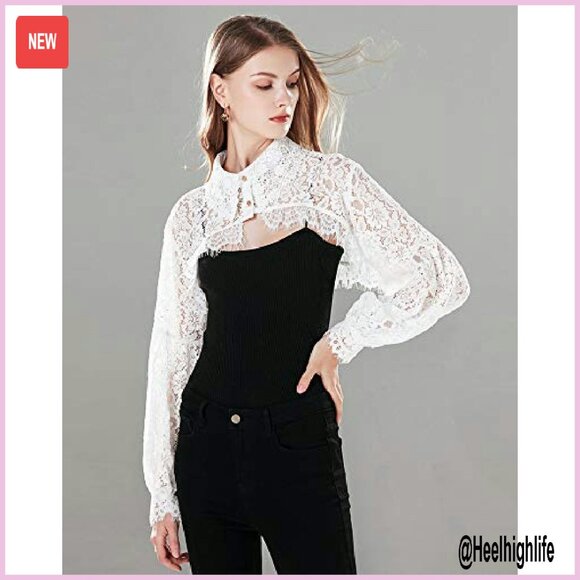 Detachable Dickey Blouse Lace Crop Top Long Sleeves Button Front - Picture 3 of 8